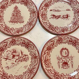 Set of 4 Restoration Hardware 2003 Christmas Tin Plates Red Christmas Scenes 10”